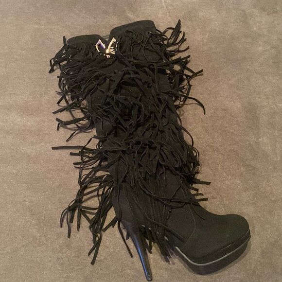 Women’s Black Fringed Tassel Faux Suede HighHeel KneeHigh Boot Size 41 (10.5 US) - Picture 2 of 14